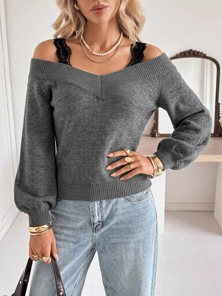 Lace trim off-shoulder V-neck knit sweater