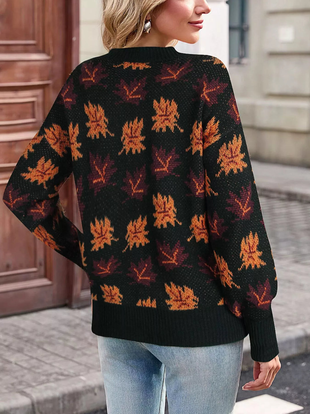 Maple leaf jacquard knit mock neck sweater