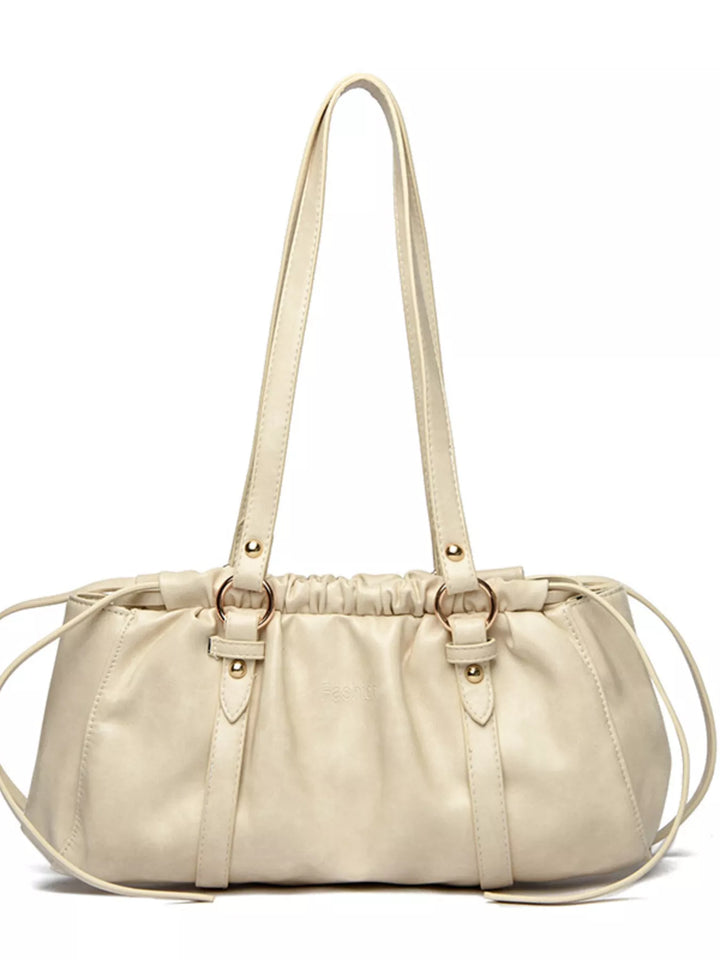 White Ruched faux leather shoulder bag with O-ring straps