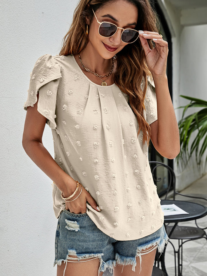 Swiss dot petal sleeve top with pleated round neck