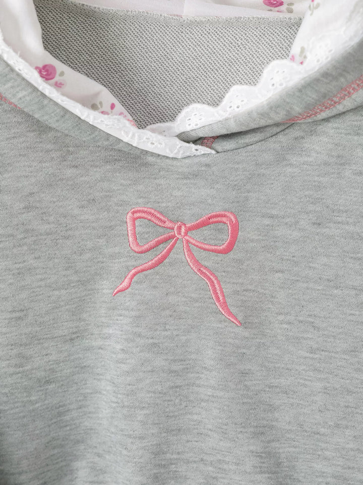 Bow embroidered hoodie with lace trim and front pocket