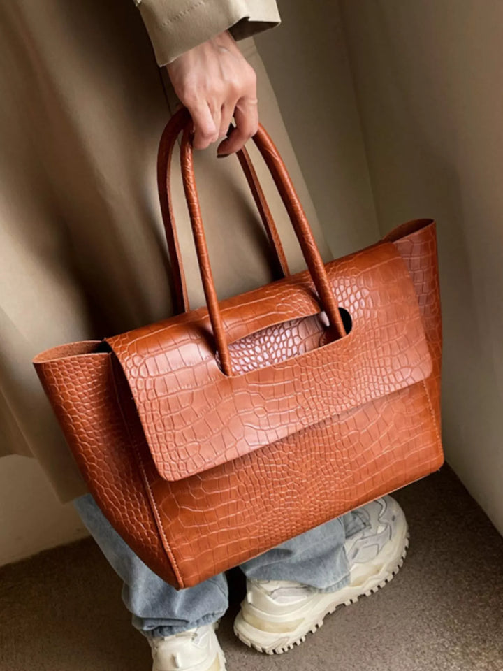 Croc-embossed faux leather shoulder tote bag