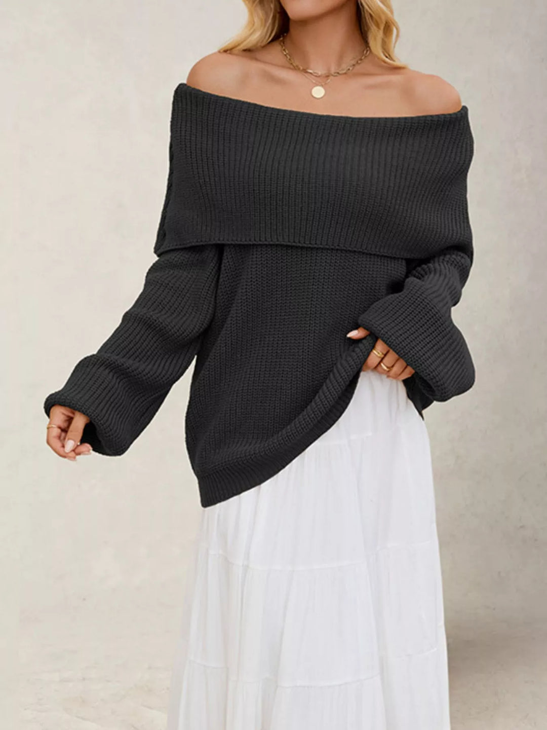 Off-shoulder ribbed knit sweater with foldover collar