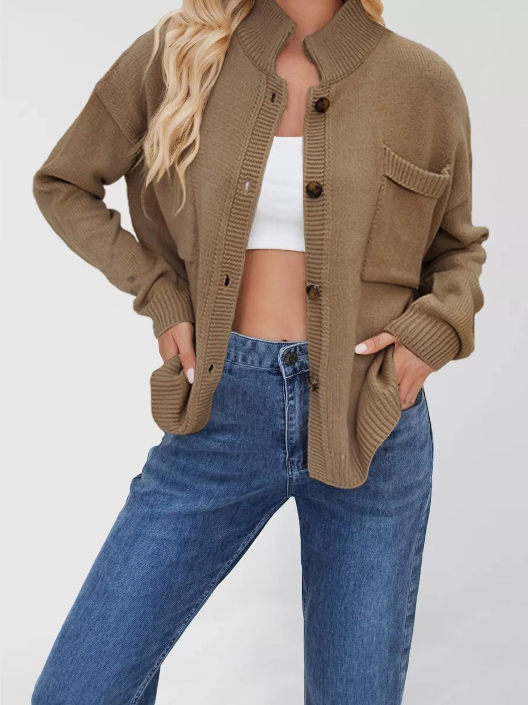 Dropped shoulder button-up knit cardigan with chest pocket