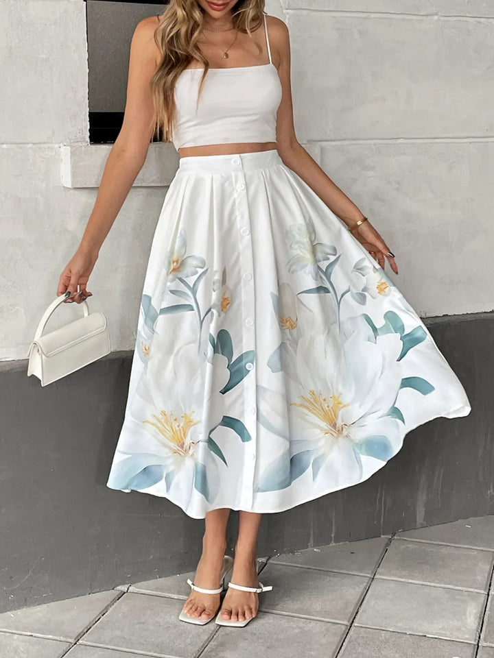 Floral print button-front A-line midi skirt