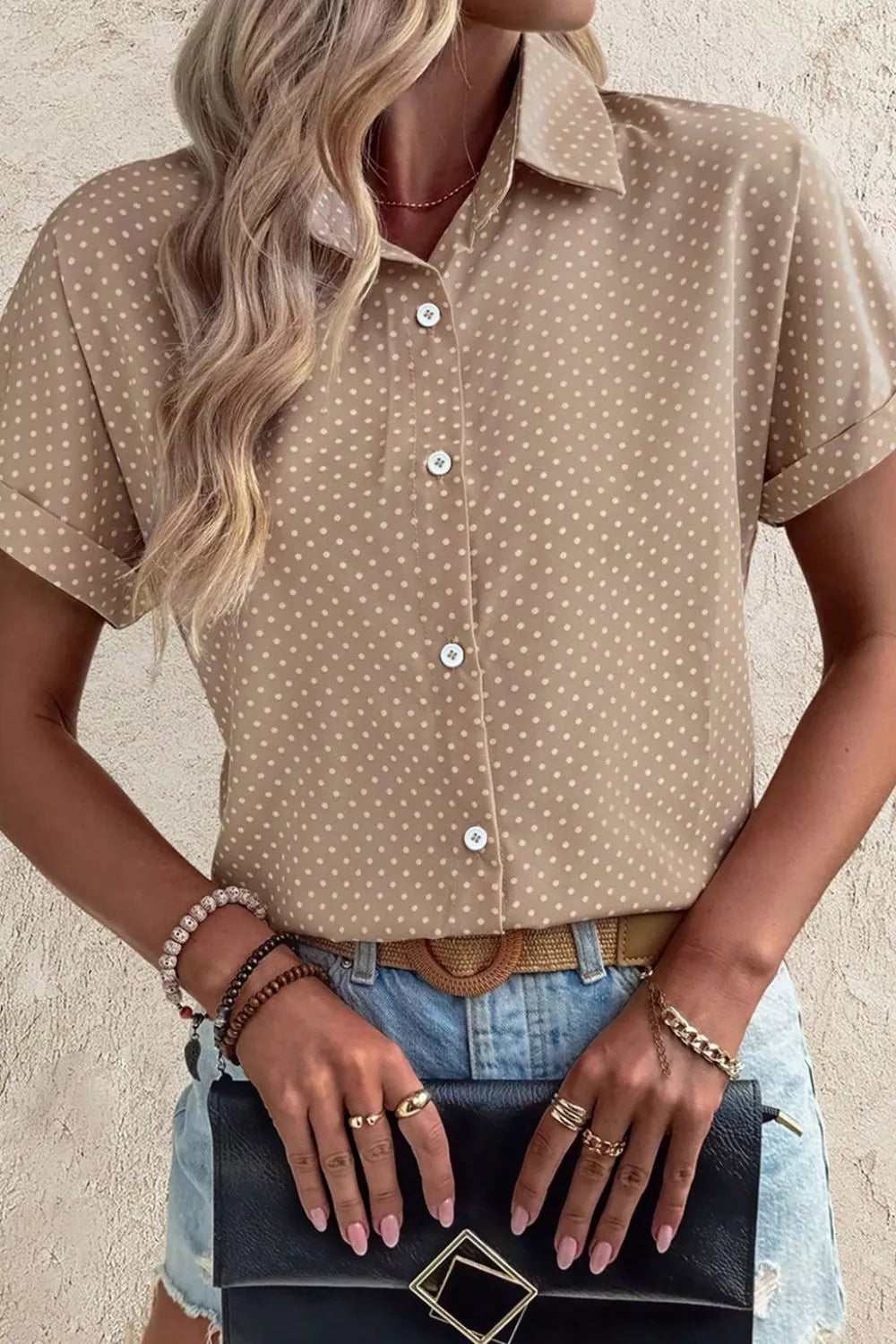 Polka dot short-sleeve button-down collared shirt