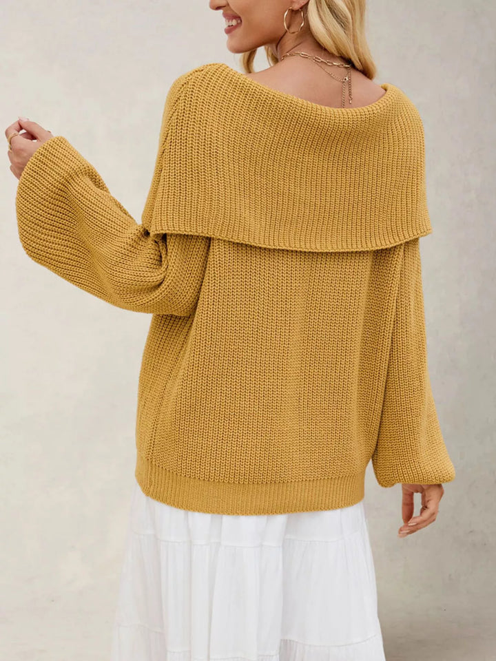 Off-shoulder ribbed knit sweater with foldover collar
