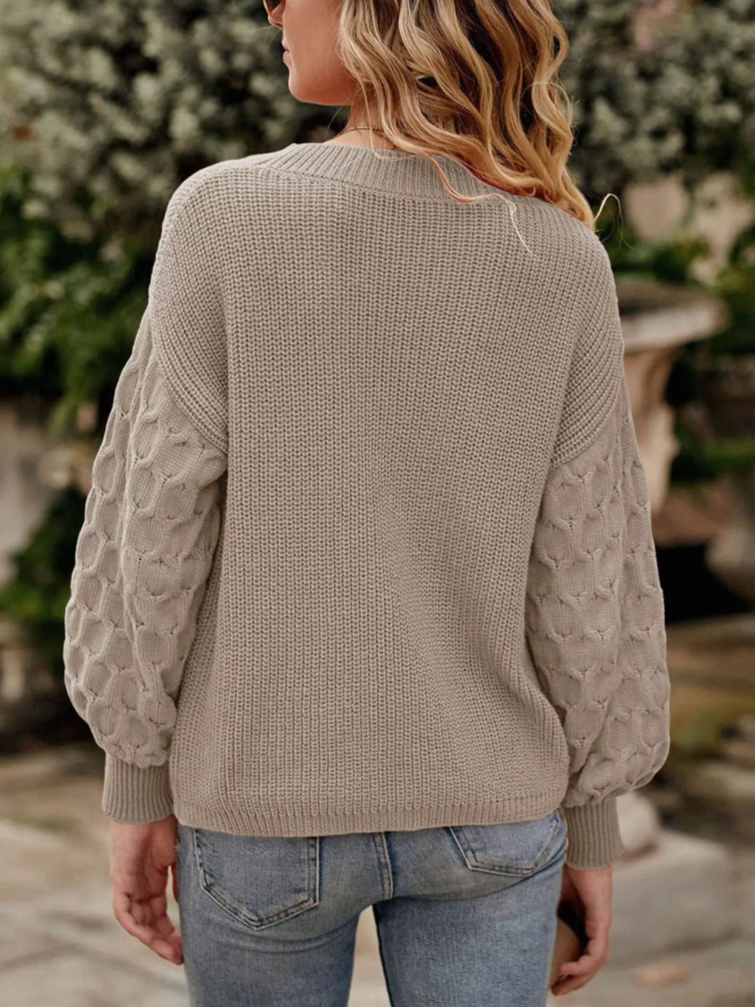 Textured drop-shoulder crew neck knit sweater