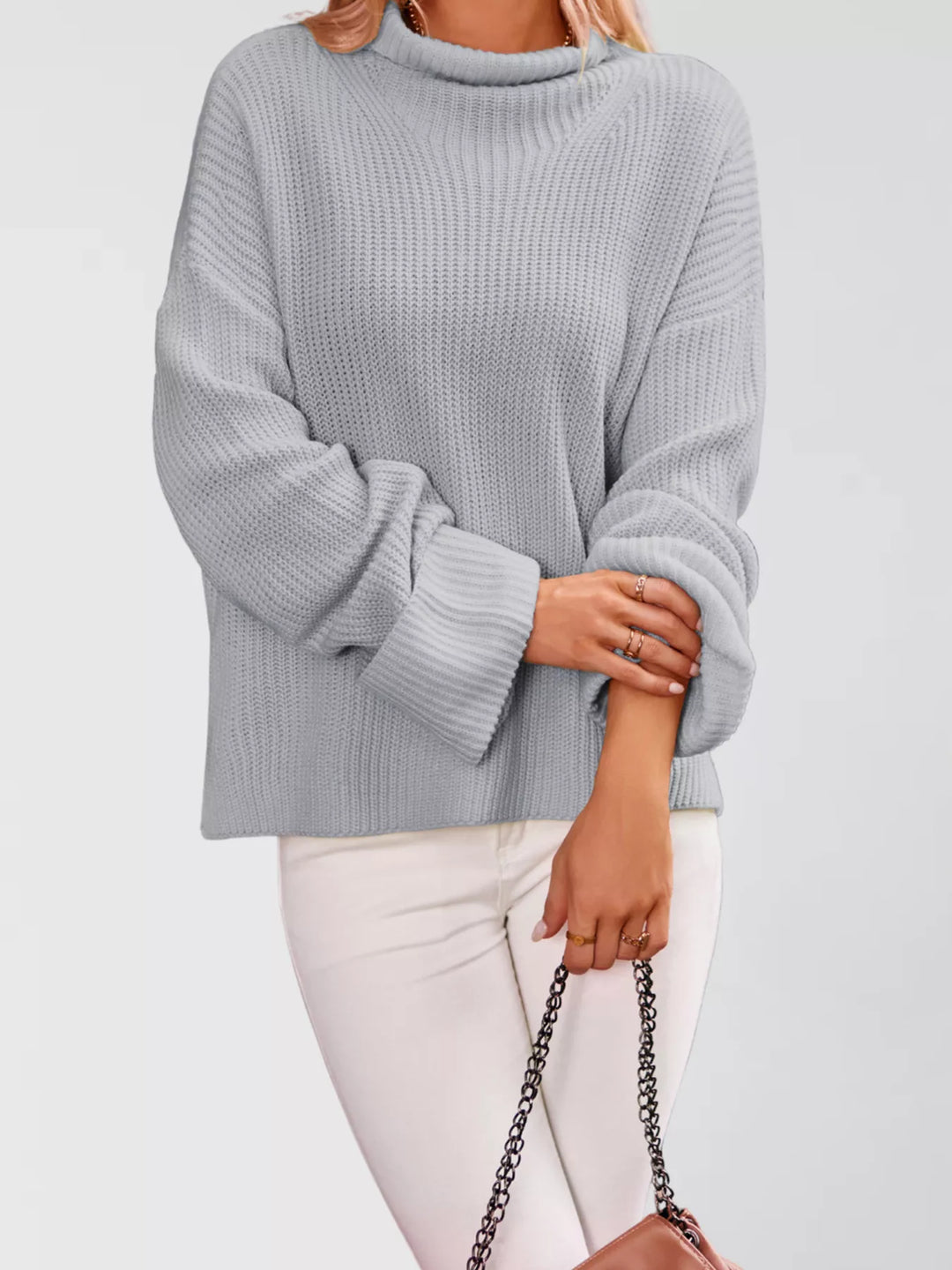 Light Gray Oversized ribbed mock neck drop shoulder sweater
