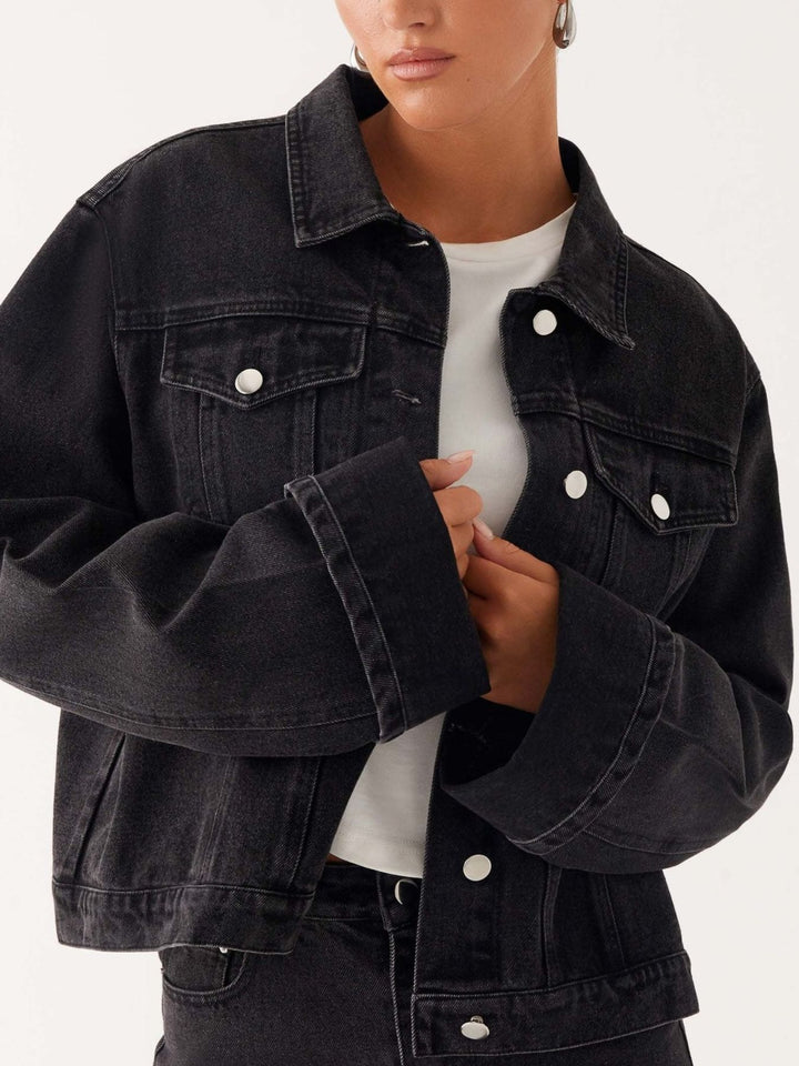 Black Oversized cropped denim jacket with chest flap pockets