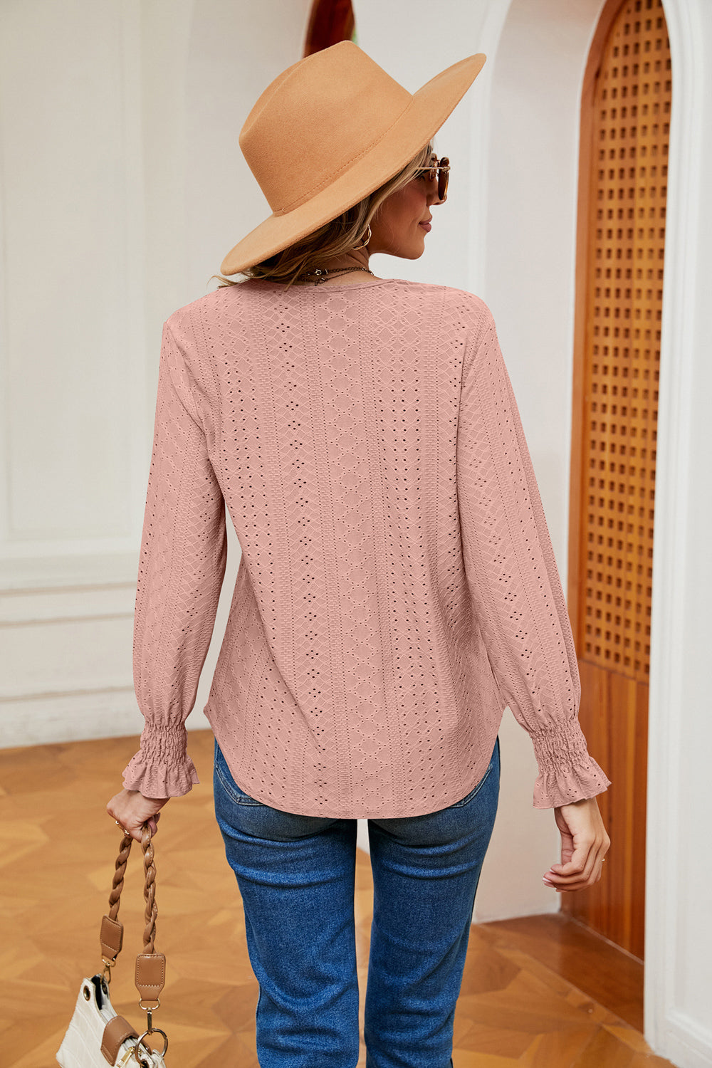 Contrast crochet V-neck eyelet blouse with flounce cuffs