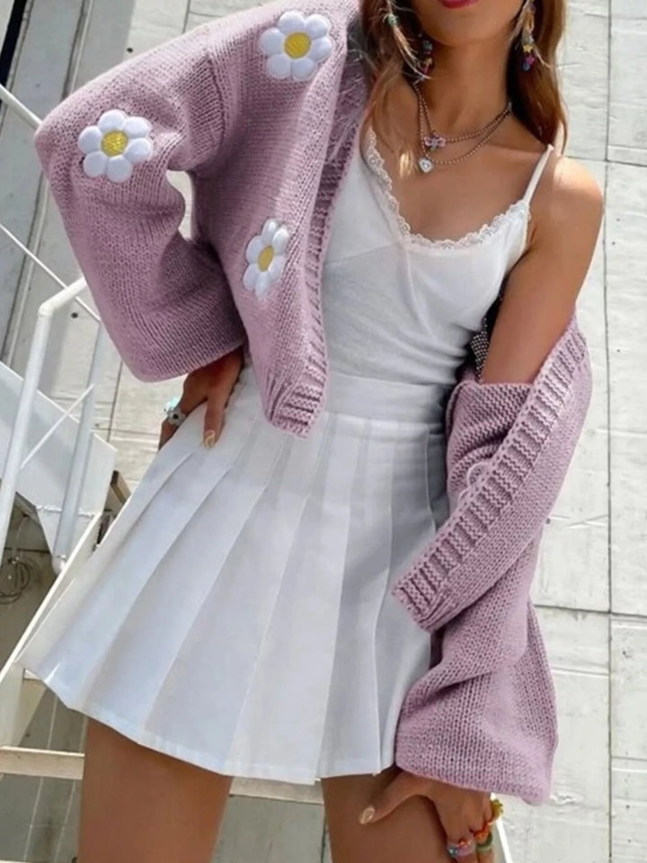 Daisy appliqué open front chunky knit cardigan