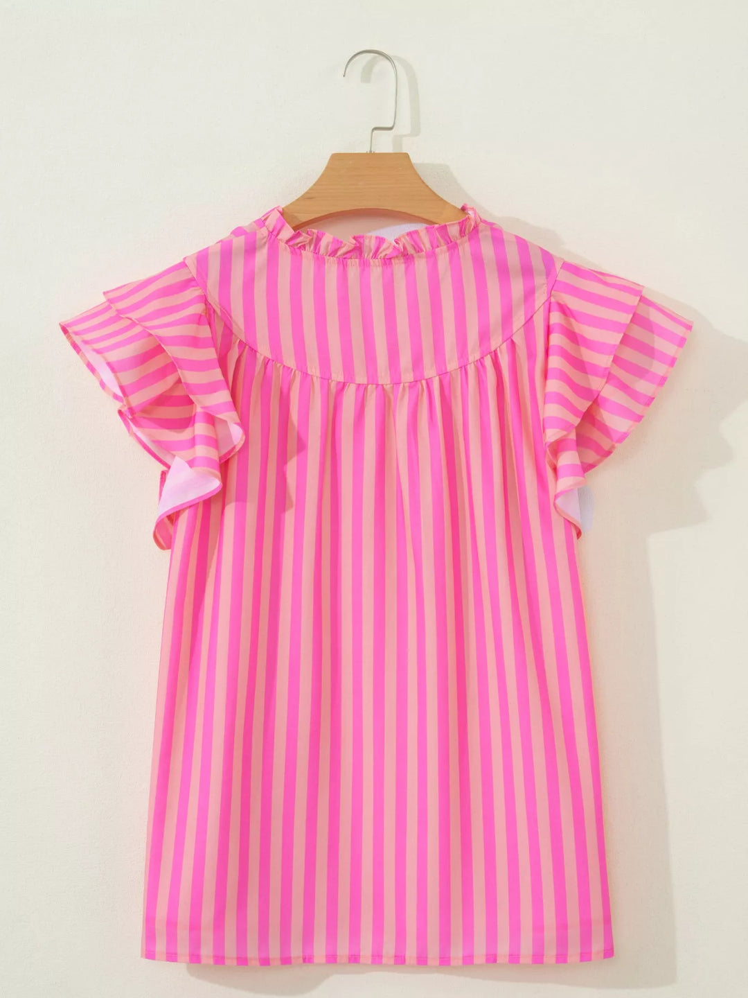 Striped split-neck ruffle-sleeve summer blouse