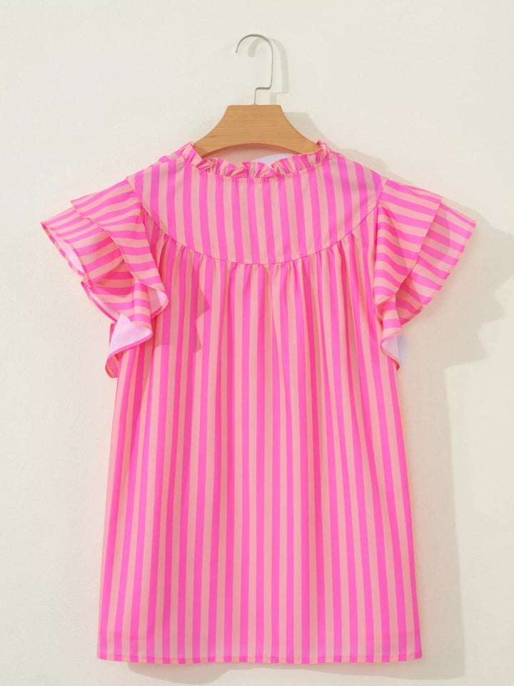 Striped split-neck ruffle-sleeve summer blouse