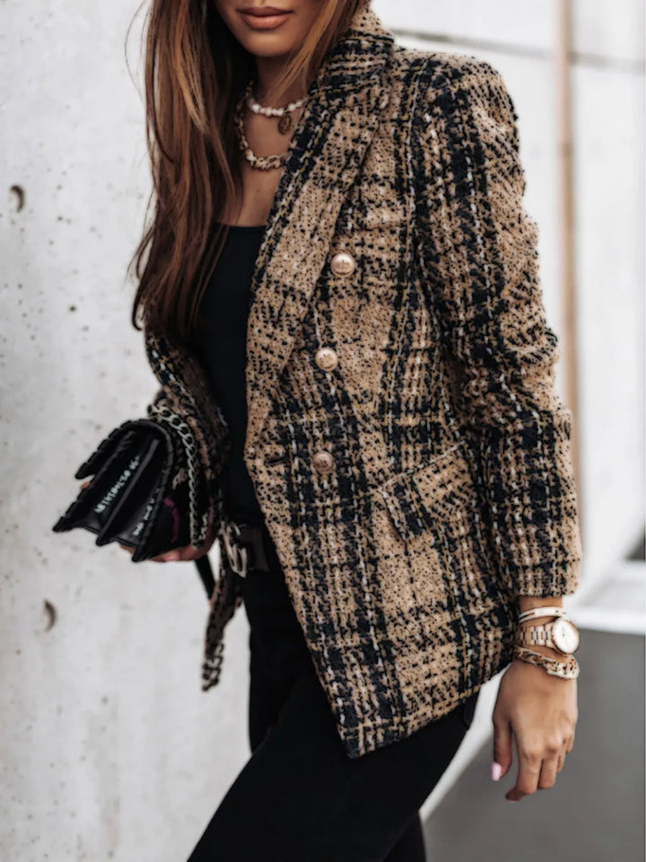 Camel Plaid tweed double-breasted blazer with gold buttons - Burgundy