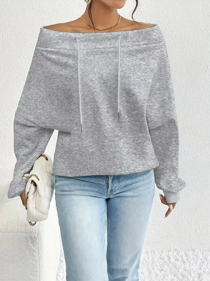 Off-shoulder drawstring sweatshirt with ribbed cuffs
