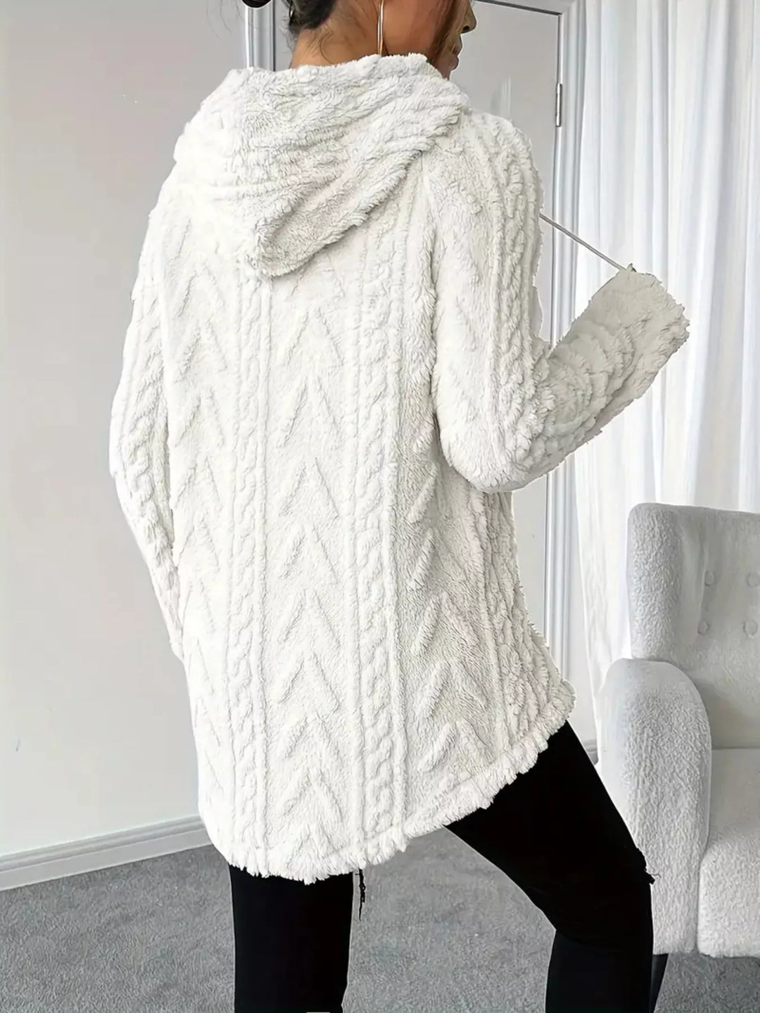 Textured cable-knit fleece pullover hoodie with drawstring
