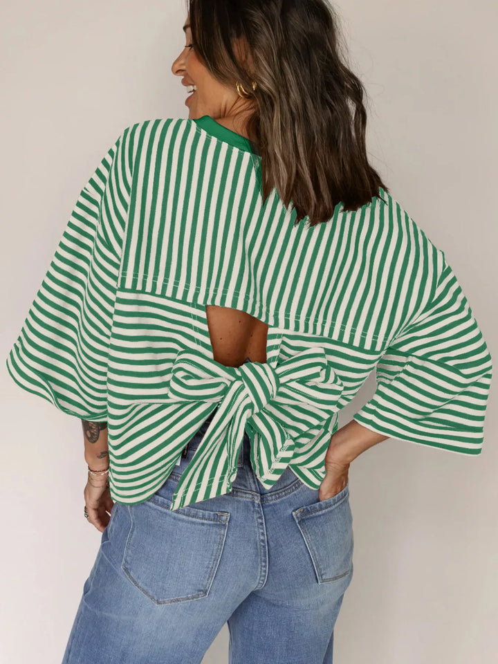 Striped oversized tee with back bow tie and keyhole cutout