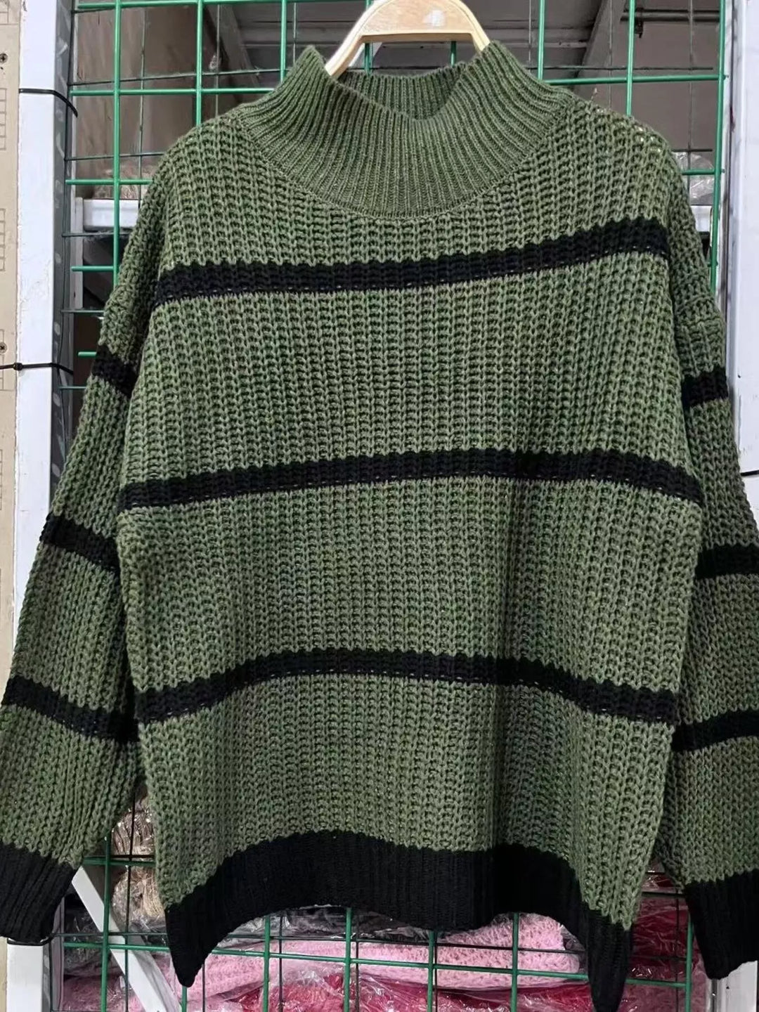 Striped mock neck chunky ribbed knit sweater