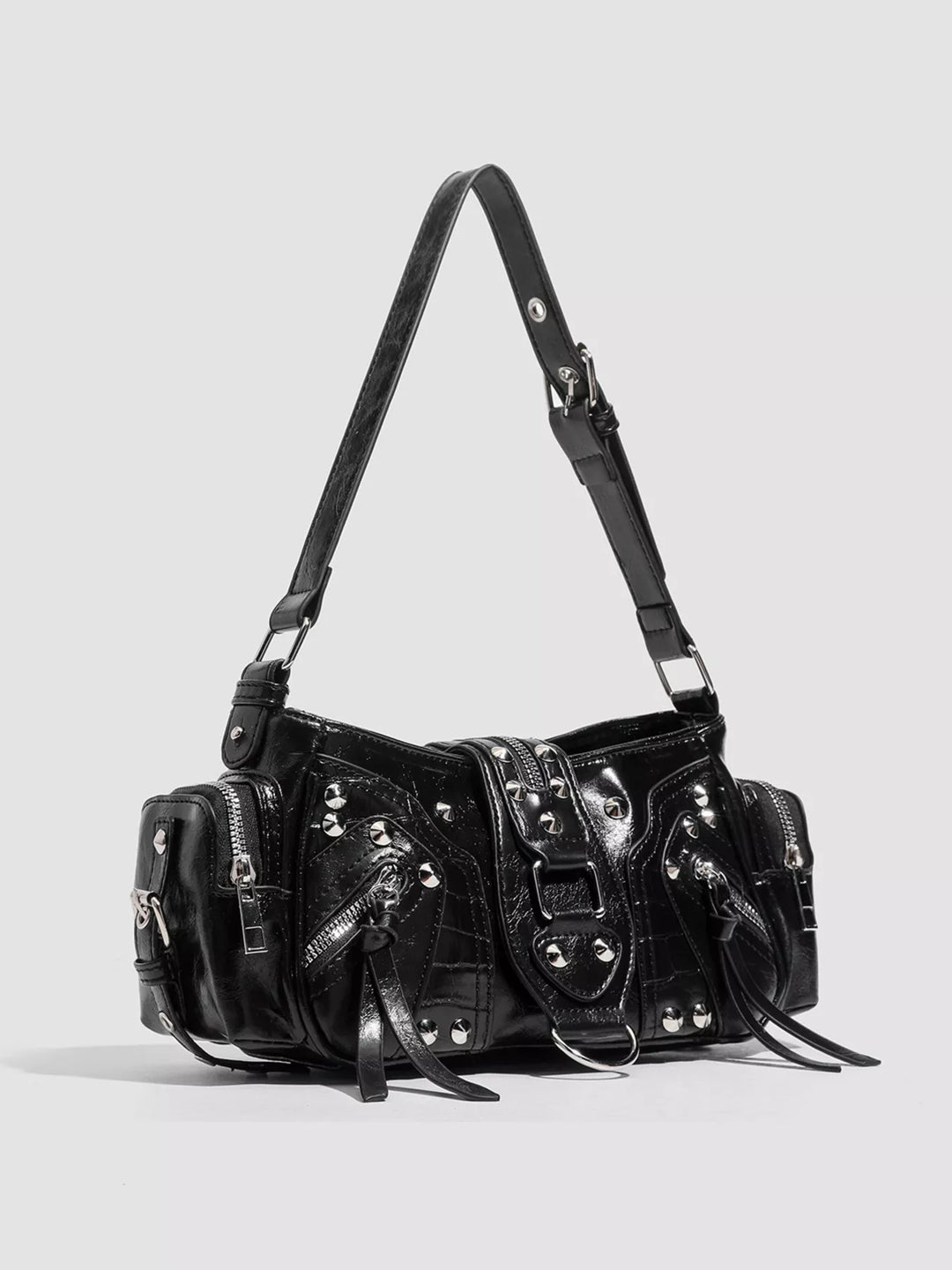 Studded moto shoulder bag with zip cargo pockets