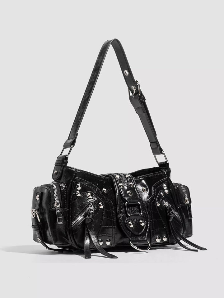 Studded moto shoulder bag with zip cargo pockets