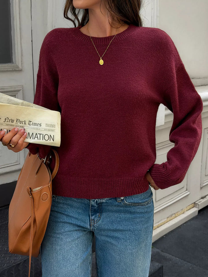 Dropped shoulder crew neck knit pullover sweater