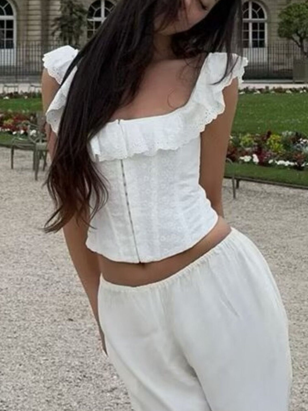 Eyelet ruffle-trim corset tank top with lace-up back