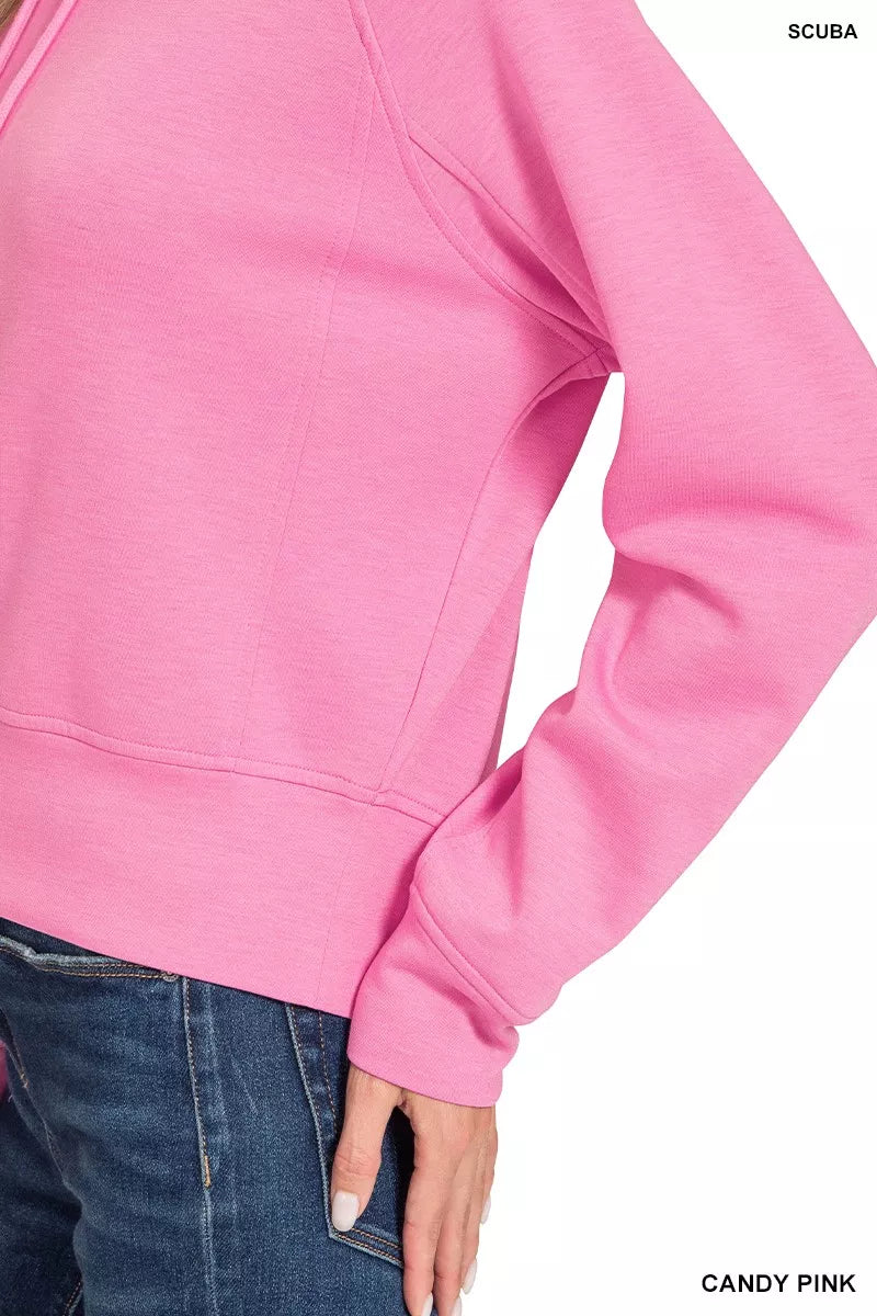 Scuba knit drawstring pullover hoodie with ribbed hem
