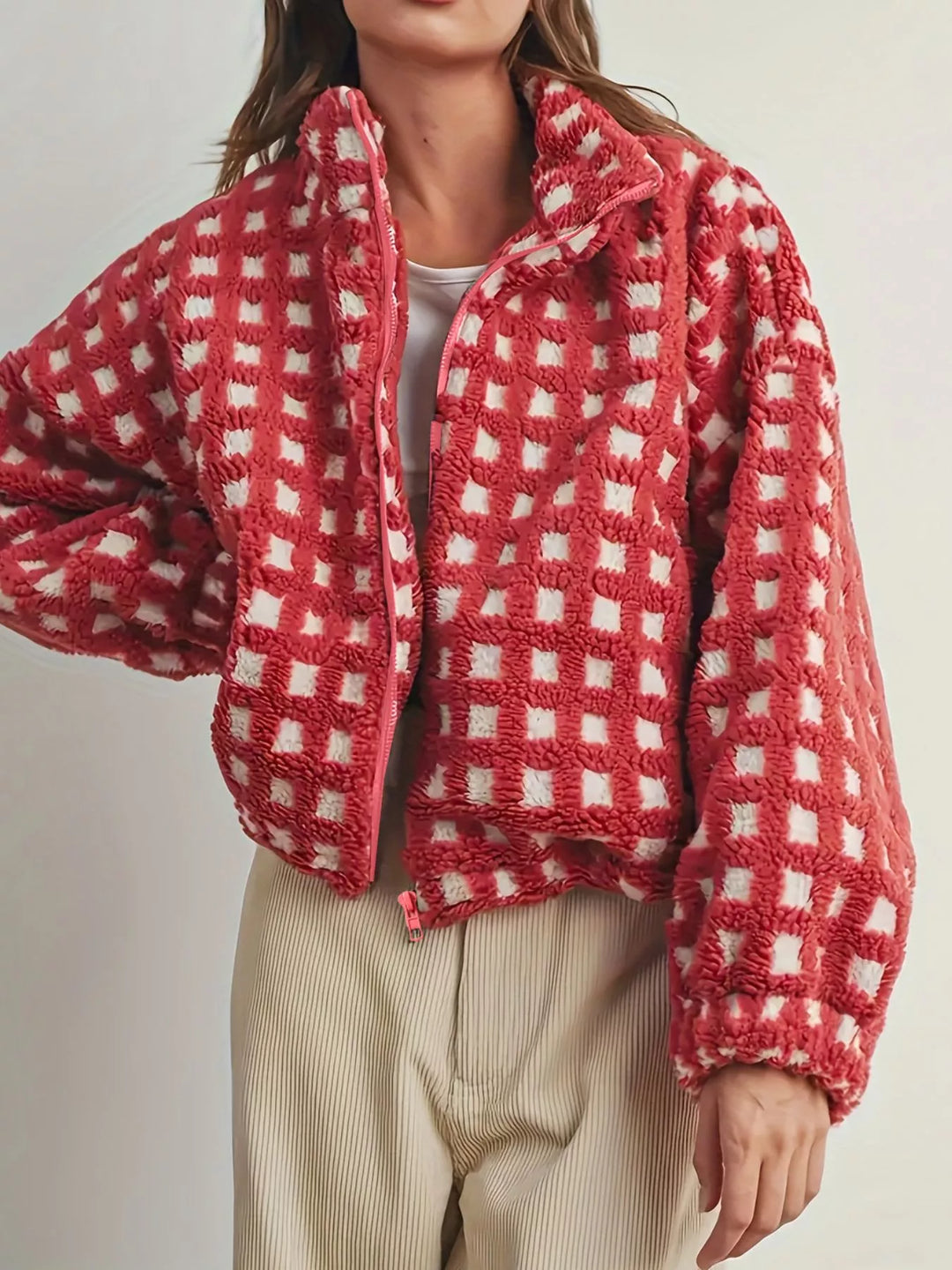 Plaid sherpa zip-up jacket with stand collar and drawstring hem