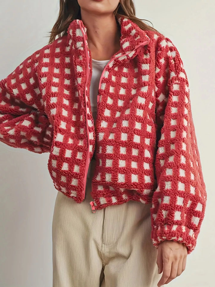 Plaid sherpa zip-up jacket with stand collar and drawstring hem