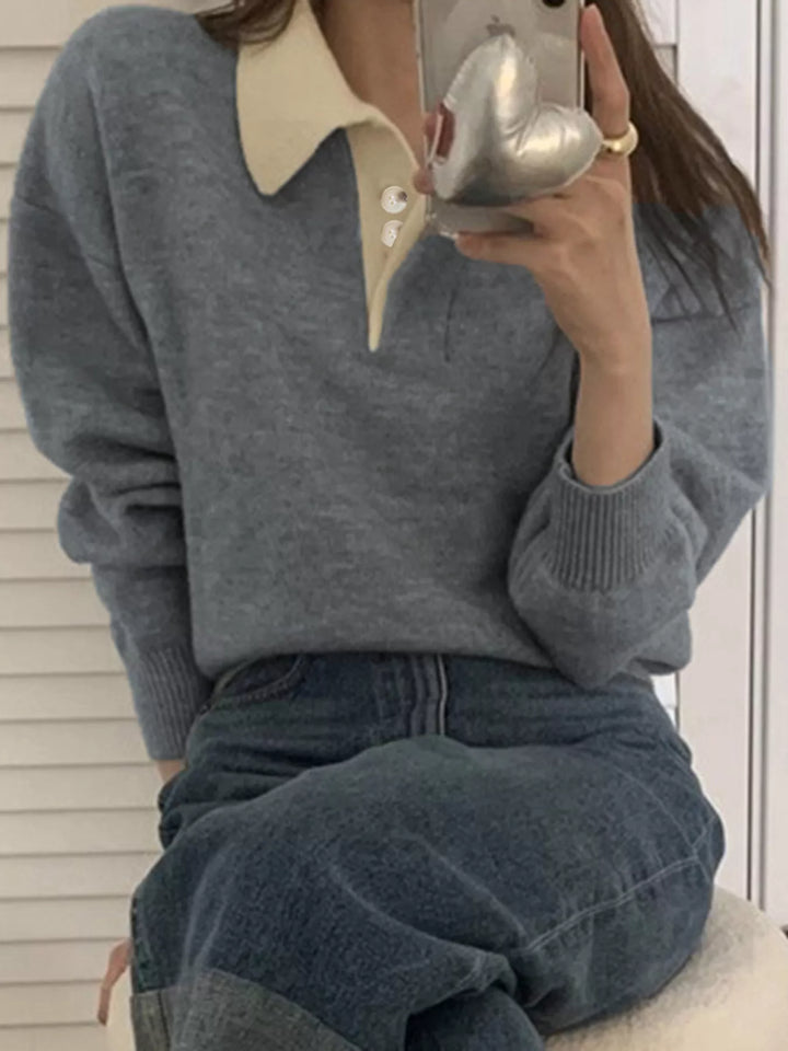 Contrast collar dropped-shoulder knit polo sweater