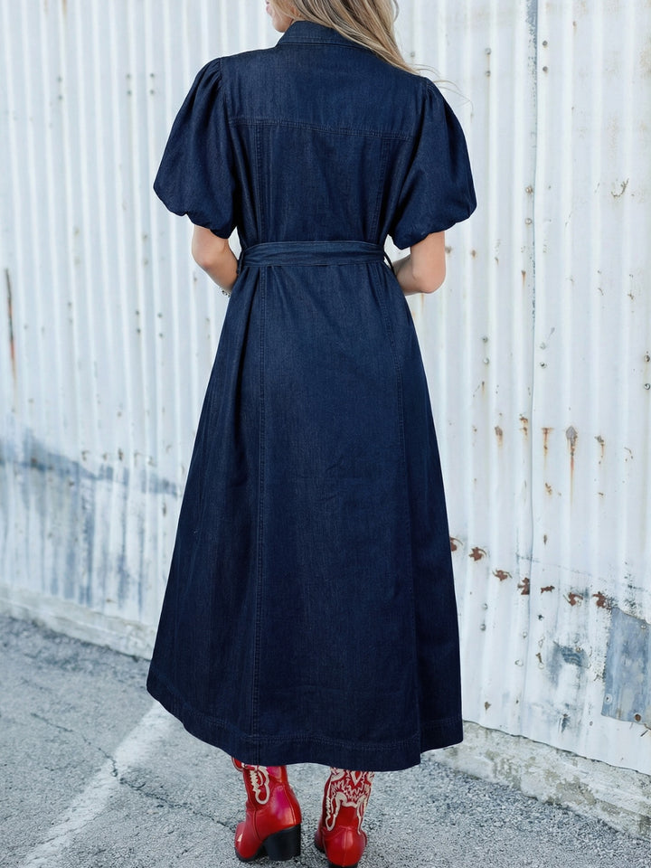 Puff sleeve button-down midi denim dress with tie belt