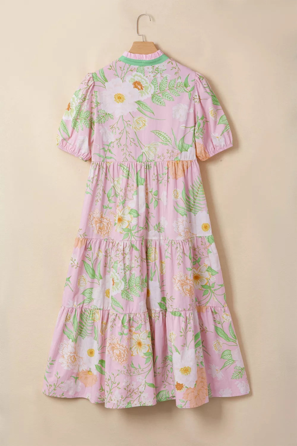 Tiered floral maxi dress with puff sleeves and pockets
