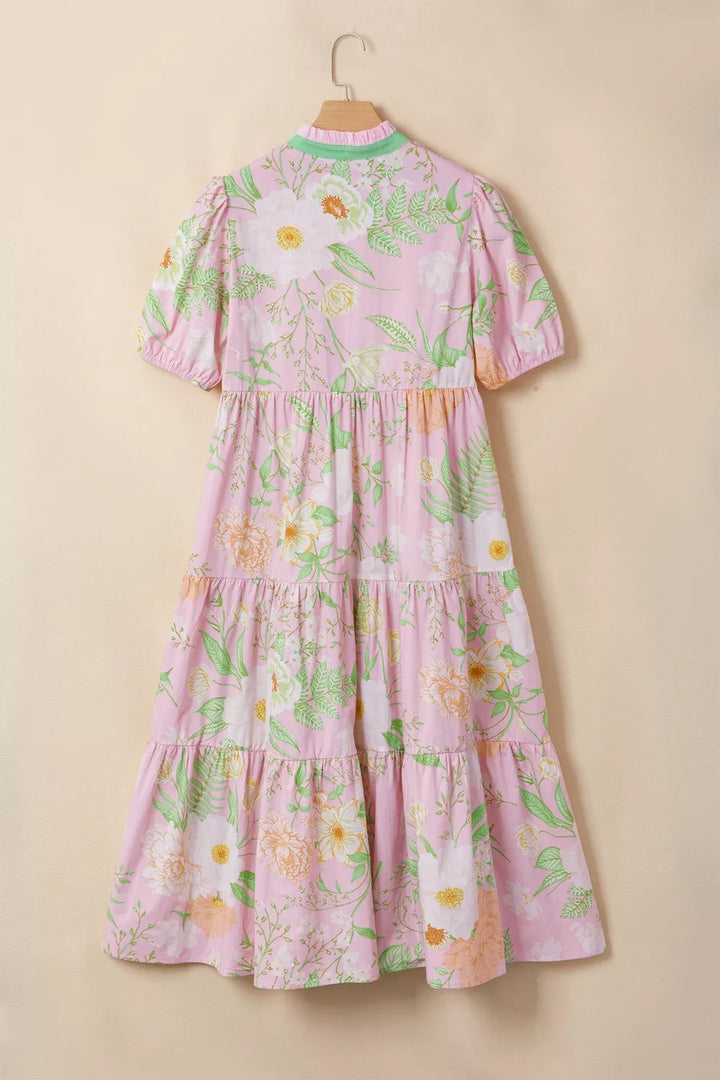 Tiered floral maxi dress with puff sleeves and pockets