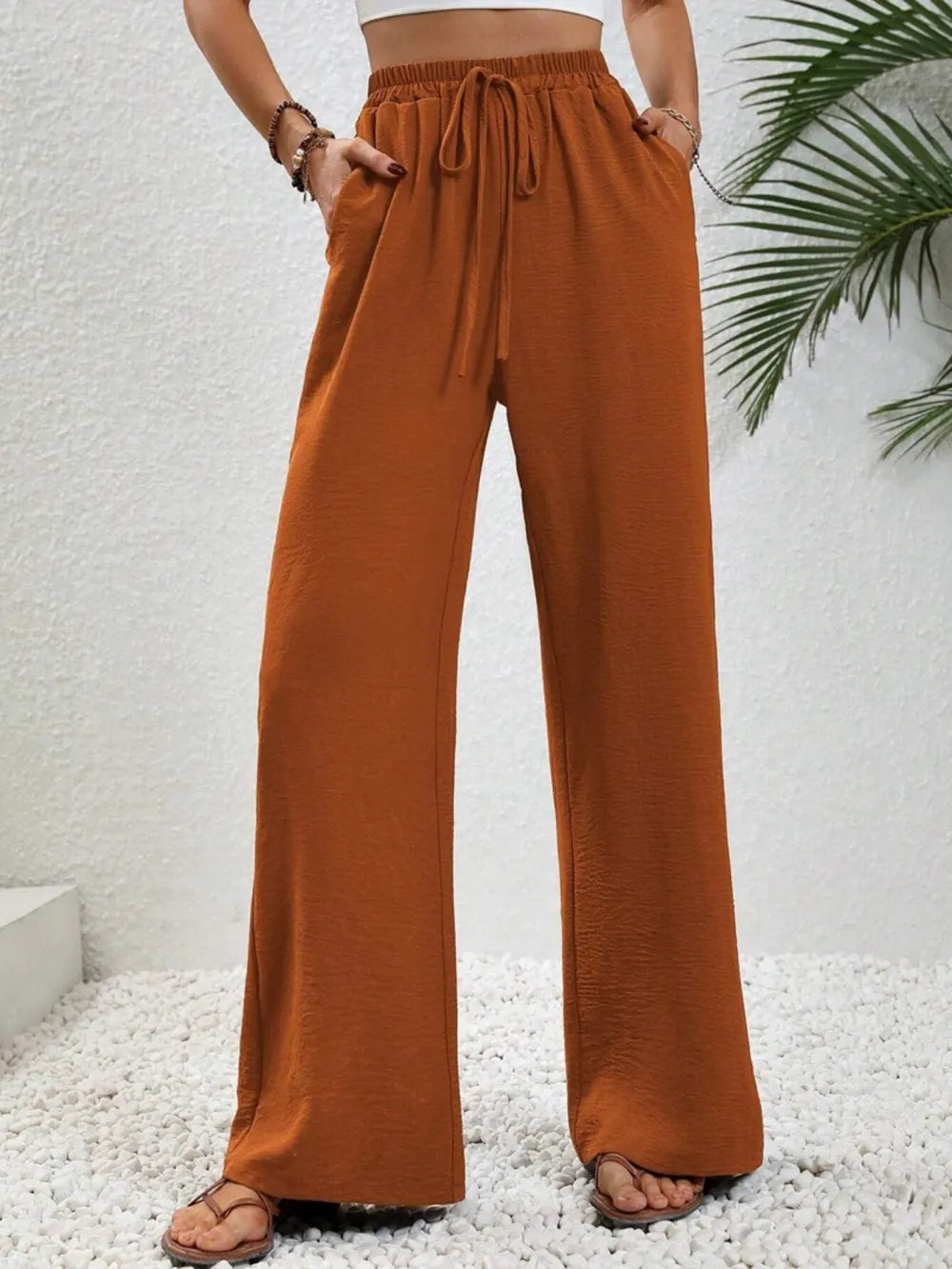 Caramel High-rise wide leg drawstring pants with pockets