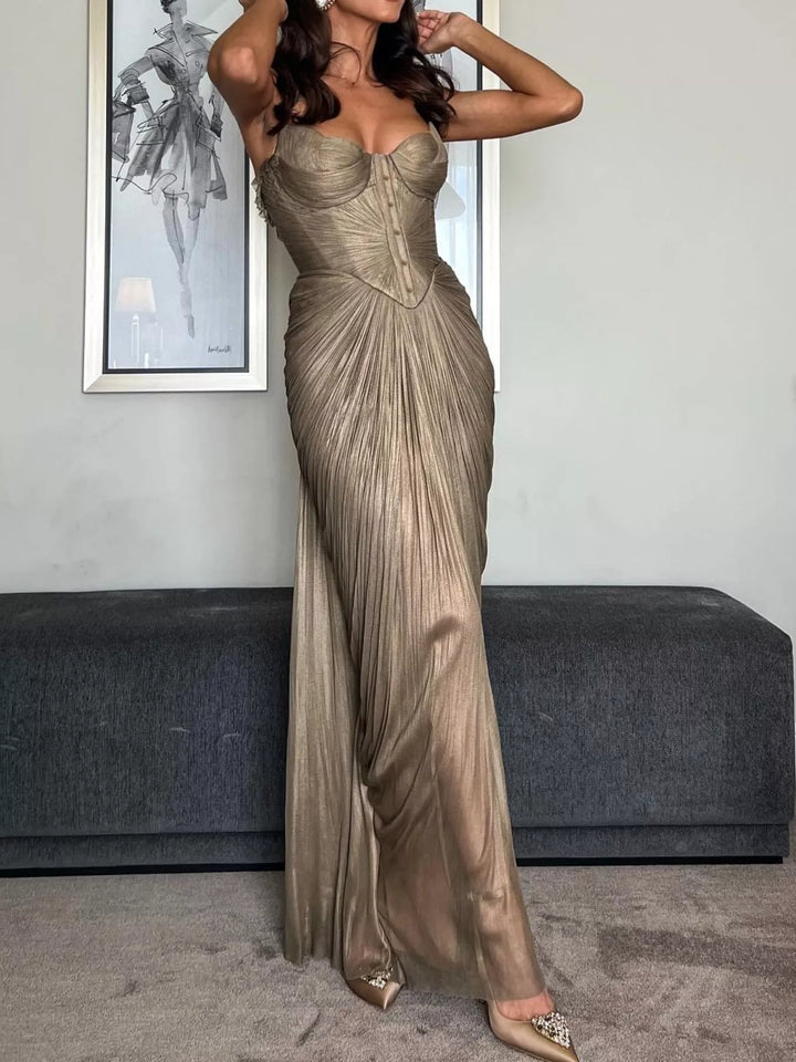 Metallic pleated corset maxi dress with lace-up back