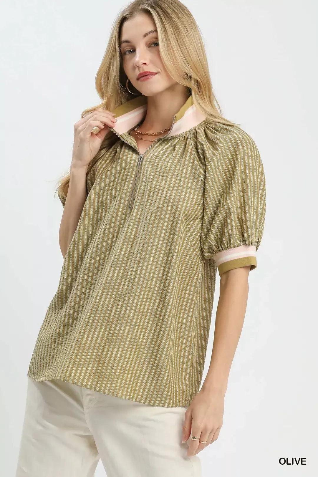 OLIVE Botanical stripe half-zip blouse with puff sleeves