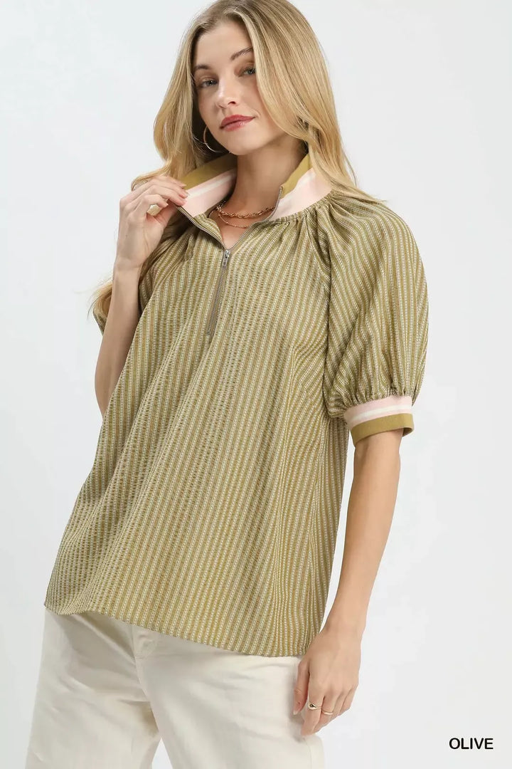 OLIVE Botanical stripe half-zip blouse with puff sleeves