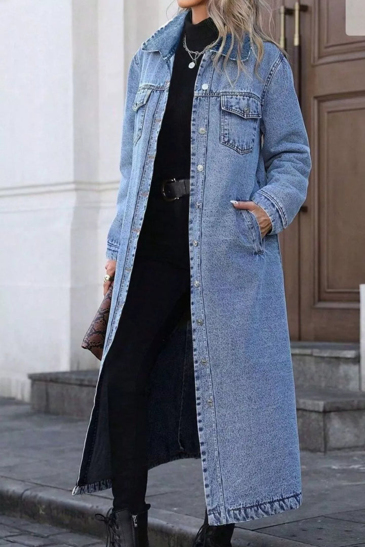Longline button-down denim duster jacket with chest pockets