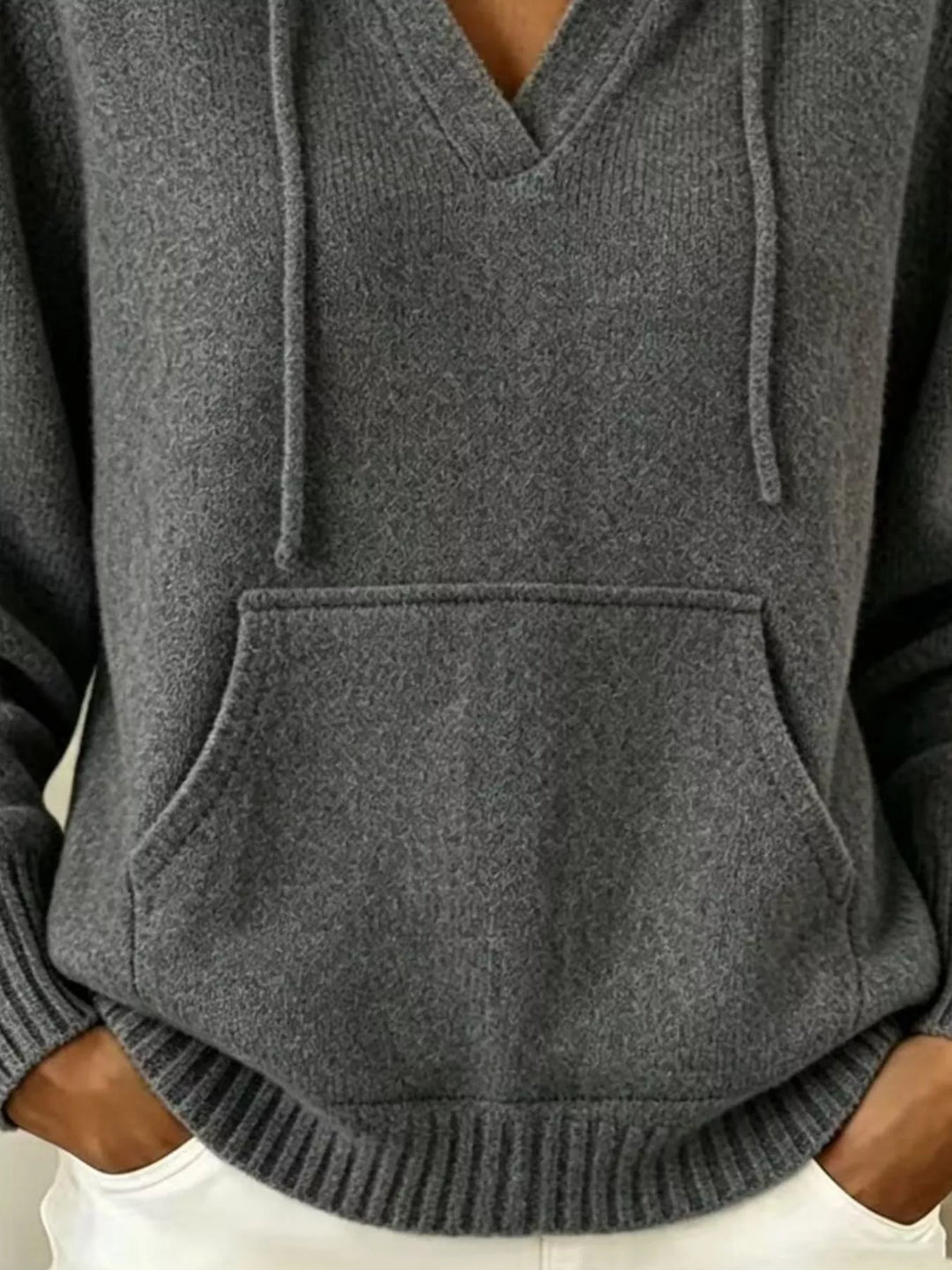 Drawstring hooded knit pullover with kangaroo pocket