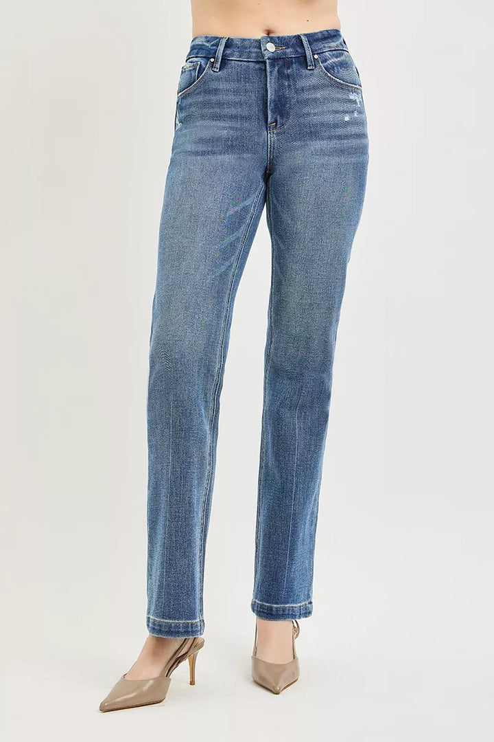 Tummy control mid-rise straight leg jeans with crease line