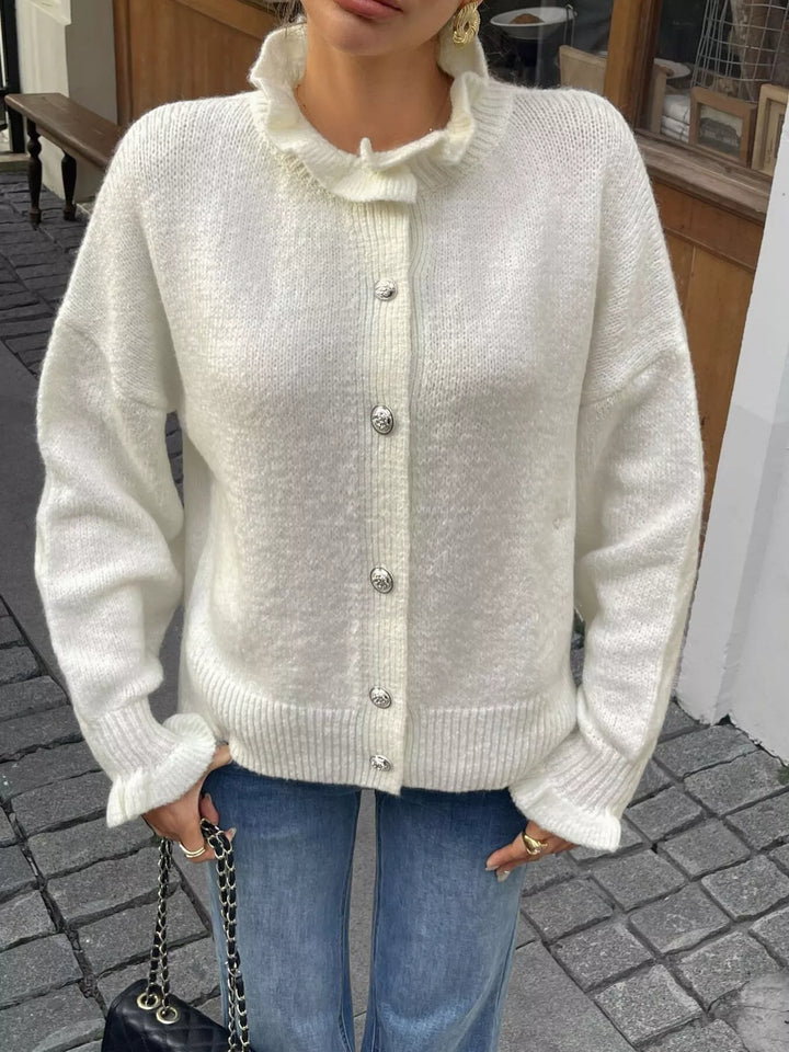 Frill collar button-down knit cardigan with ribbed cuffs