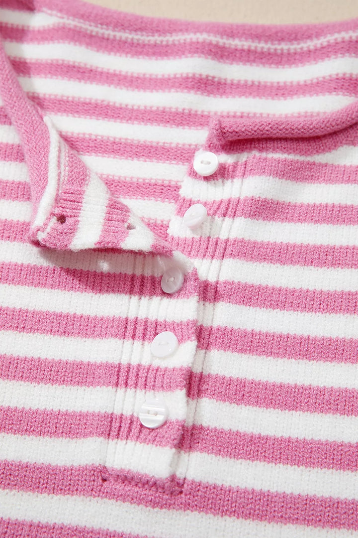 Striped drop shoulder henley sweater with button placket