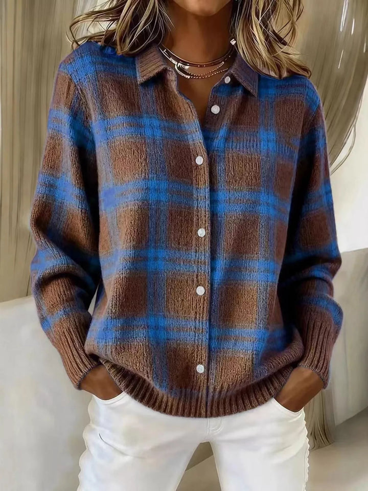 Dark Brown Plaid button-down knit cardigan with ribbed cuffs and hem