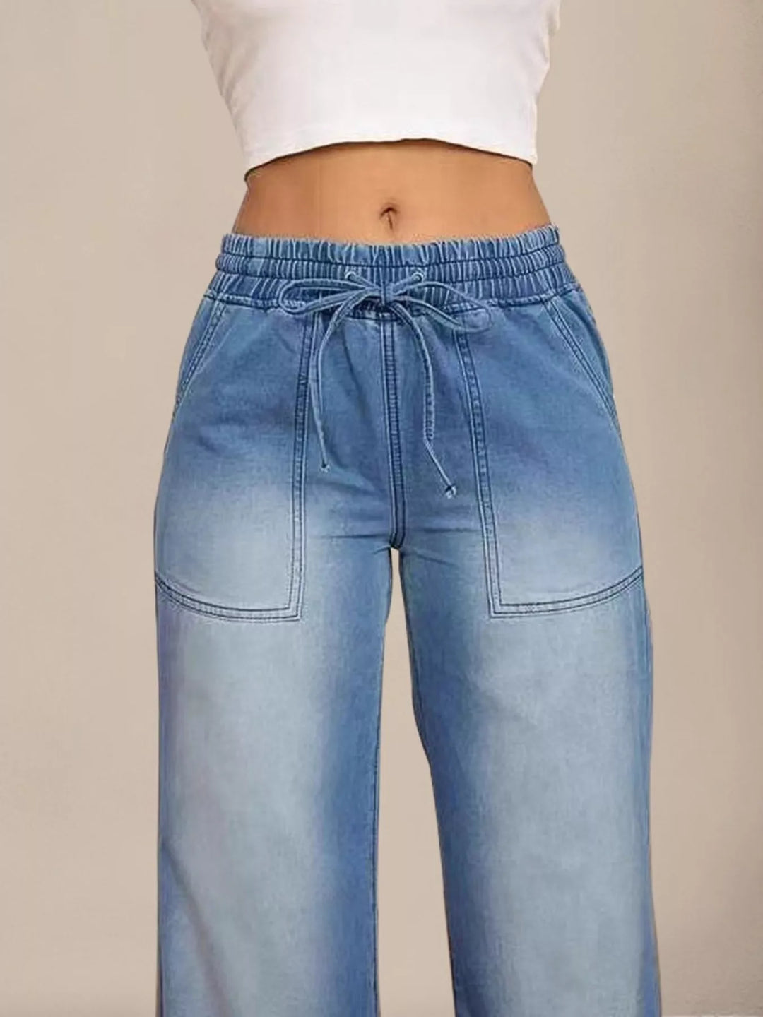 Drawstring elastic-waist wide-leg jeans with patch pockets