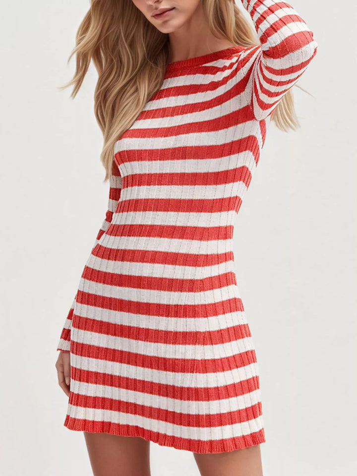Red Striped ribbed knit long sleeve mini sweater dress