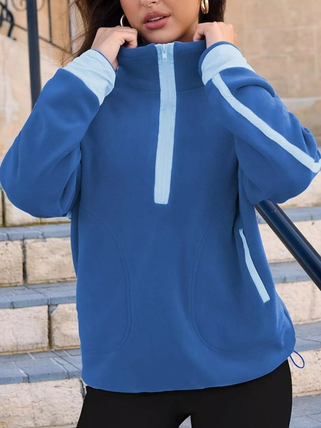 Blue Half-zip fleece pullover with contrast trim and zip pockets