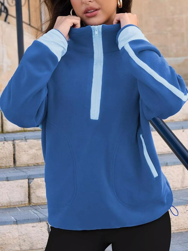 Blue Half-zip fleece pullover with contrast trim and zip pockets