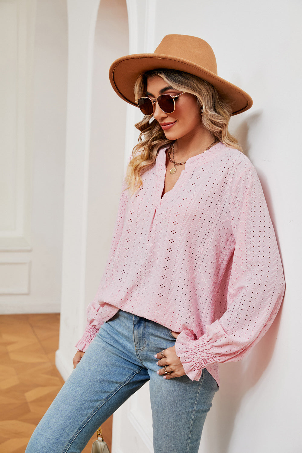 Eyelet notched-neck blouse with flounce sleeves