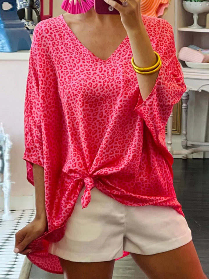 Pink Leopard print tie-front V-neck blouse with dolman sleeves
